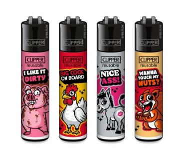Clipper CLASSIC Large – Sexy Animals 4er Set mit Schwein, Hahn, Esel und Eichhörnchen; freche Slogans, nachfüllbar, Softflame, Stopfhilfe.